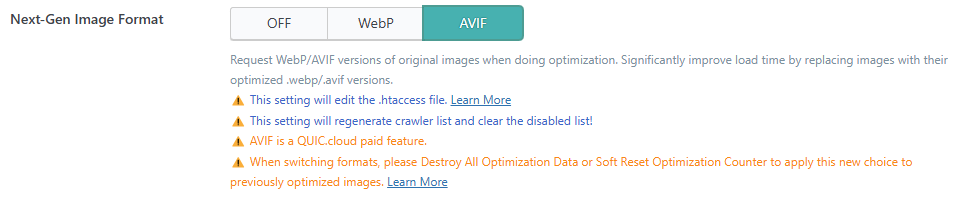 Enable AVIF in LiteSpeed Plugin